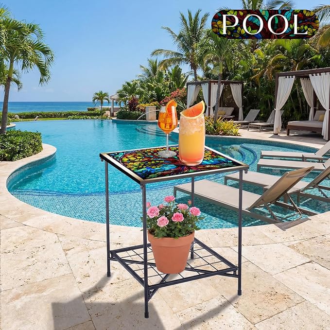 Outdoor Side Table 2-Tier Storage Square Small Mosaic Patio Accent Indoor End Plant Coffee Tea Table for Yard Patio - Photo 5