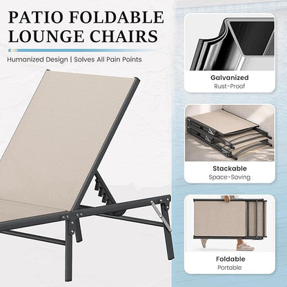 UDPATIO Foldable Patio Lounge Chair Sets with Side Table, No Assembly Outdoor Chaise Lounge with 5-Positions, Poolside Lounge Chairs with Portable Design for Pool, Beach, Deck, Backyard