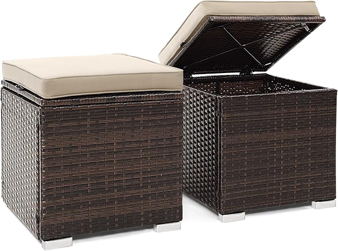 Tangkula 2 Pieces Patio Ottomans, Patiojoy Hand-Woven PE Rattan Side Table with Removable Cushion & Hidden Storage Space - Photo 1