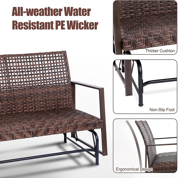 Wicker 2 Person Patio Glider with Double Weaved Wicker Seat, Powder Coated Metal Frame, 50" W x 25.5" D x 35.5" H - Photo 4