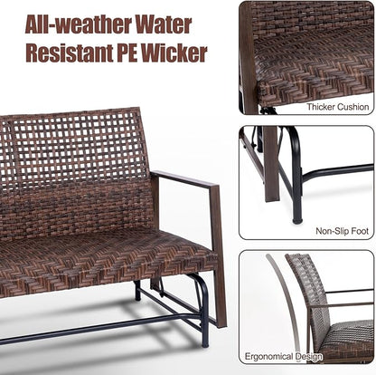 Wicker 2 Person Patio Glider with Double Weaved Wicker Seat, Powder Coated Metal Frame, 50" W x 25.5" D x 35.5" H, 400 Lb Weight Capacity
