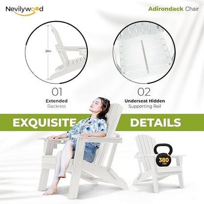 nevilywood HDPE Foldable Fire Pit Chairs Set of 2 with Cup Holders,Wood Grain Durable Design,Perfect for Patio,Backyard & Outdoor Gatherings, White