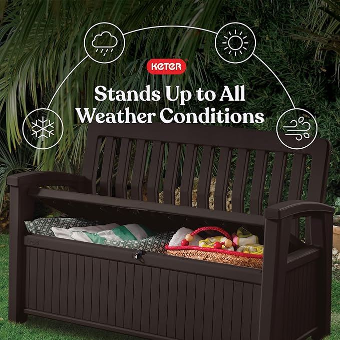 Keter 60 Gallon Storage Bench Deck Box for Patio Furniture, Front Porch Decor and Outdoor Seating – Perfect to Store Garden Tools