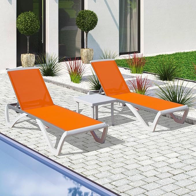 Domi Outdoor Lounge Chair Set of 3, Aluminum Patio Chaise Lounge with 5 Position Adjustable Backrest and Wheels, All Weather Reclining Chair for Patio, Yard, Balcony, Poolside (Orange)