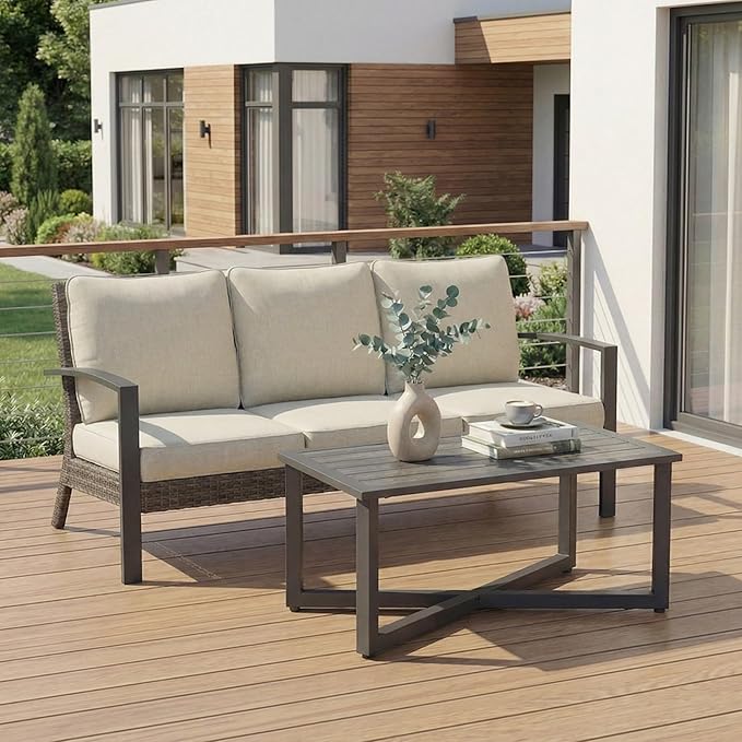 Green4ever Outdoor Furniture, 2 Pieces Patio Furniture Set with Coffee Table, Wicker Outdoor Couch with Cushions, Patio Sofa for Porch, Backyard, Pool, Deck, Garden, Beige