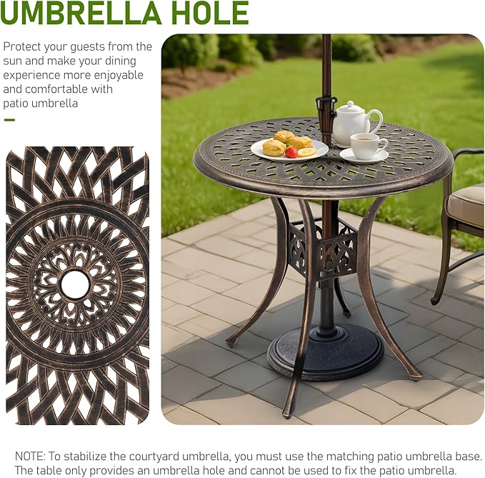 Outvita Patio Side Table, 30.7in Outdoor Round Cast Aluminum Bistro Table with Umbrella Hole and Antique Design for - Photo 6