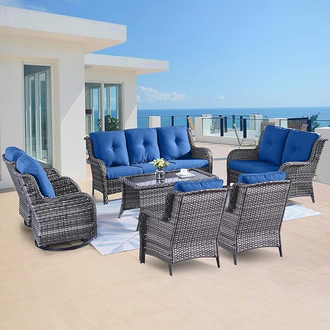 Belord 7 Piece Wicker Patio Furniture Set, Outdoor Swivel Rocker Chairs Set of 2 with Ottomans, 3 Seat Sofa and Loveseat - Photo 2