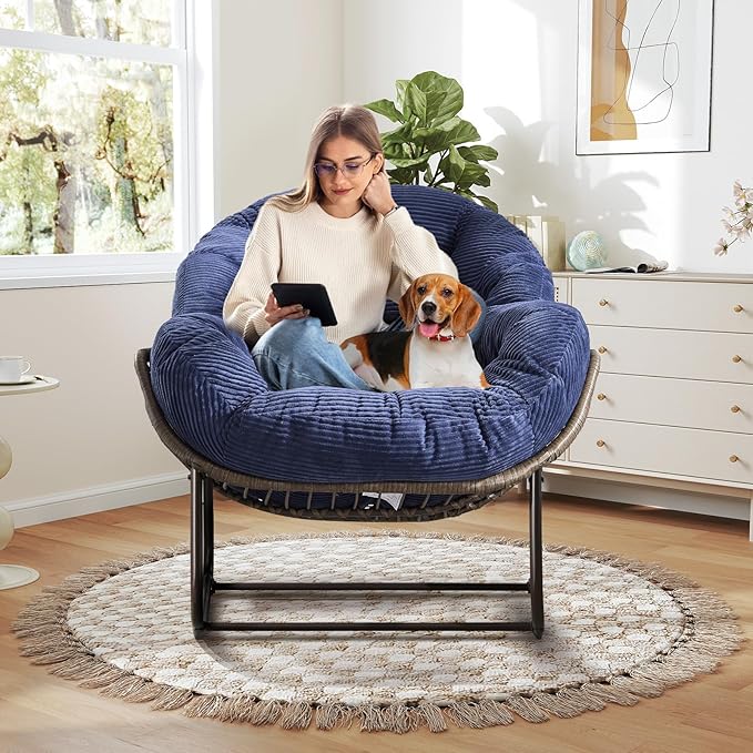 Large Indoor Rocking Chair, Oversized Rocking Papasan Chair with Thick Cushion and Frame,Comfy Corduroy Rocker Wicker Egg Chairs Lounge Reading Chair for Living Room, Bedroom, Apartment,Navy Blue