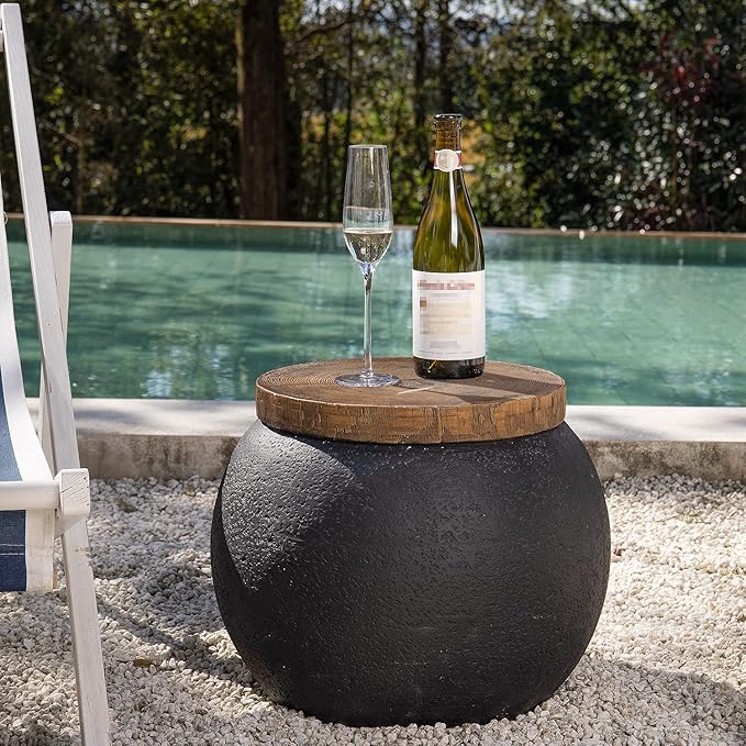 COSIEST Outdoor Side Table,Black Drum Outdoor End Tables,17" Concrete Patio Side Table for Outside Faux-Wood Top Accent Side Table Stool for Livingroom,Bedroom,Garden