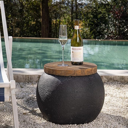 COSIEST Outdoor Side Table,Black Drum Outdoor End Tables,17" Concrete Patio Side Table for Outside Faux-Wood Top Accent Side Table Stool for Livingroom,Bedroom,Garden