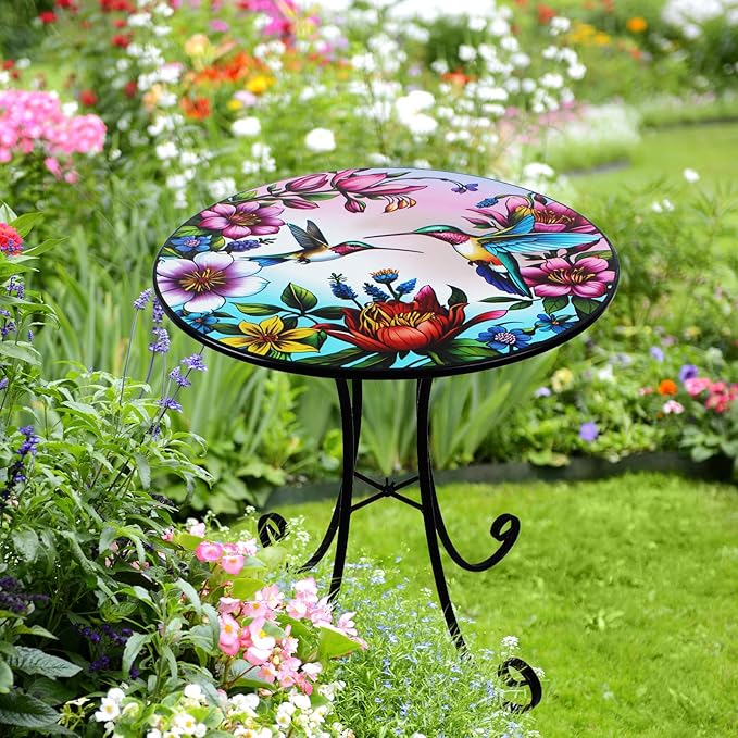 18" Side Table Outdoor, Hummingbird Metal Accent Table, Indoor Small Round End Tables, Plant Stand Tables for Patio Yard Balcony Garden Bedside