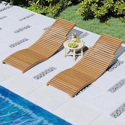 Tangkula Patio Folding Wooden Lounge Chairs, Teak Wood Pool Chairs with Slatted Seat, Outdoor Portable Low-Profile Sun Lounger for Poolside, Backyard, Porch, Beach (2)