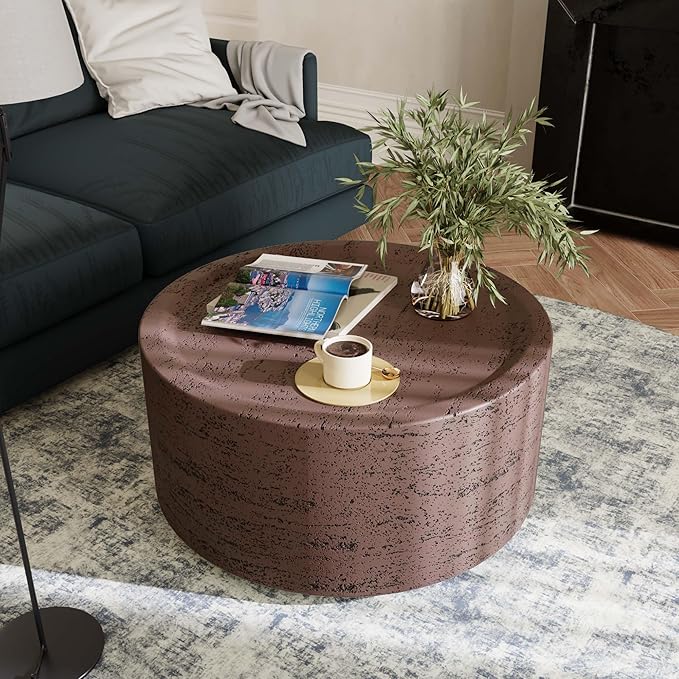 UPHA 28" Round Outdoor Coffee Table, Modern Hollow Concrete Patio Table, Small Minimalist Low Accent Table for Living Room, Balcony, Deck, Backyard, Rust Red