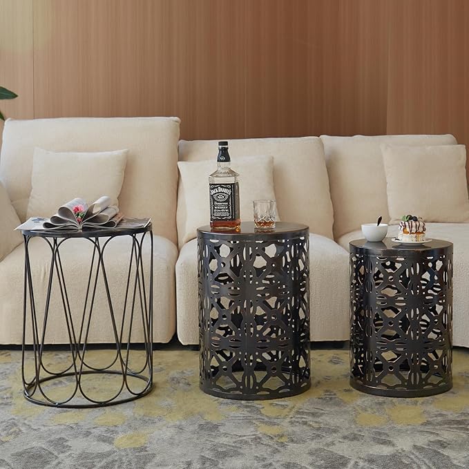 Y&M Set of 3 End Tables, Nesting Metal Round Coffee Table, Heavy Duty Metal Plant Stand Garden Stool - Photo 8
