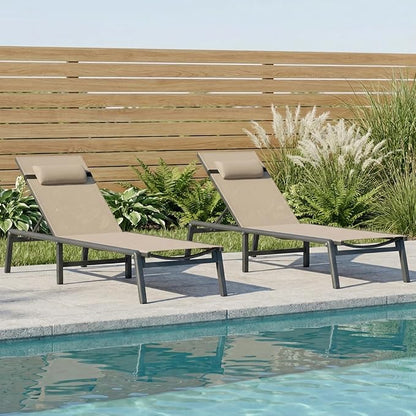 ONBRILL 2 PCS Chaise Lounge Chair Outdoor, Foldable & Assembly Free Outdoor Lounge Chair with 5 Position Adjustable Backrest, Aluminum Pool Lounge Chairs for Outside Poolside Patio Beach Lawn, Khaki