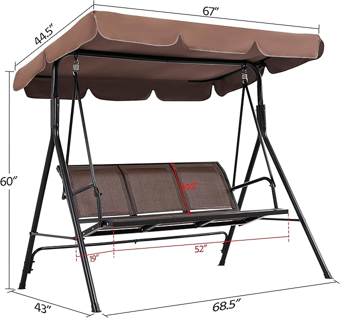 Yaheetech Outdoor Porch Swing Chair for Adults, 3-Seat Patio Hanging Swing w/Adjustable Canopy, Armrests - Photo 3