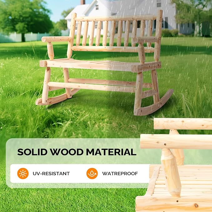 VINGLI Fir Wood Double Rocking Chair for Porch & Garden - 550lb Capacity Weather-Resistant Outdoor Loveseat with High Backrest, Patio Rocker for Backyard, Deck, Natural