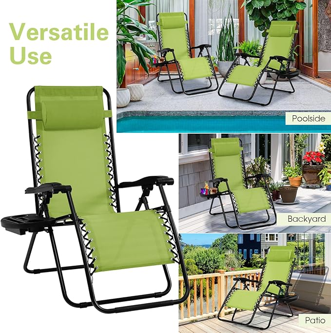 Goplus Zero Gravity Lounge Chairs, 160°Adjustable Folding Recliner w/Pillow and Cup Holder, 350LBS Comfy Outdoor Lounge Chairs for Patio, Lawn, Yard & Camp(Set of 2, Green)