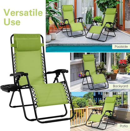 Goplus Zero Gravity Lounge Chairs, 160°Adjustable Folding Recliner w/Pillow and Cup Holder, 350LBS Comfy Outdoor Lounge Chairs for Patio, Lawn, Yard & Camp(1, Green)