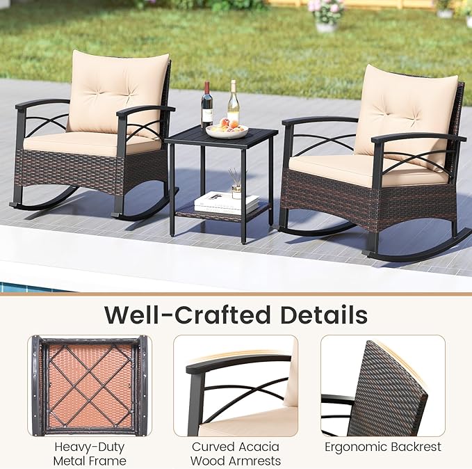 Tangkula 3 Pieces Outdoor Rocking Chairs Set, Rattan Heavy Duty Cushioned Rocker Chairs with 2-Tier Tempered Glass Coffee Table, for Garden, Balcony, Backyard (Beige)