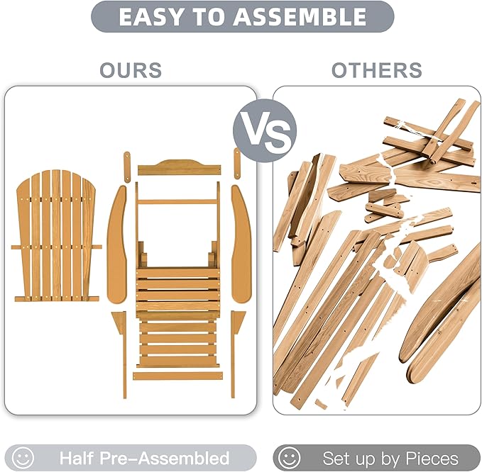 Wooden Folding Adirondack Chair with Ottoman, Pre-Assembled Backrest and Seat Board, Lounge Chair for Outdoor Patio Garden Lawn Backyard Firepit Deck Pool Beach