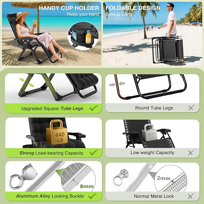 Suteck Zero Gravity Chair, Reclining Camping Lounge Chair w/Removable Cushion, Upgraded Lock and Cup Holder - Photo 3