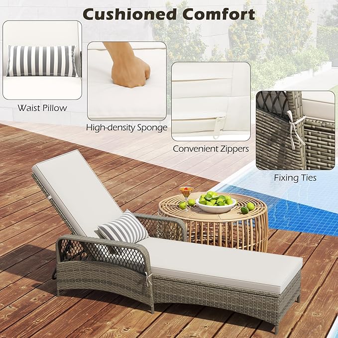 Wicker Chaise Lounge Chair, Patio Rattan Recliner with 6-Position Adjustable Backrest, Soft Cushions, Removable Lumber Pillow & Armrests, Lounger Chair for Poolside & Backyard (Off White)