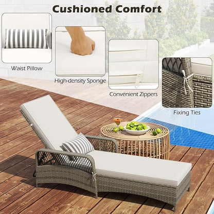 Wicker Chaise Lounge Chair, Patio Rattan Recliner with 6-Position Adjustable Backrest, Soft Cushions, Removable Lumber Pillow & Armrests, Lounger Chair for Poolside & Backyard (Off White)