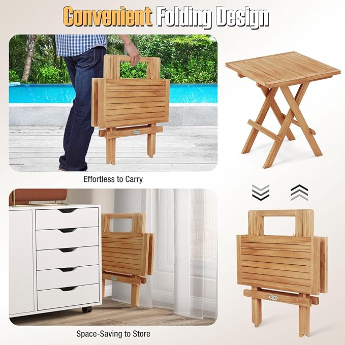 Tangkula Patio Side Table Folding, Teak Wood Square Coffee Table w/X-Shaped Legs & Slatted Tabletop, Portable & Compact Outdoor End Table for Backyard, Deck, Lawn