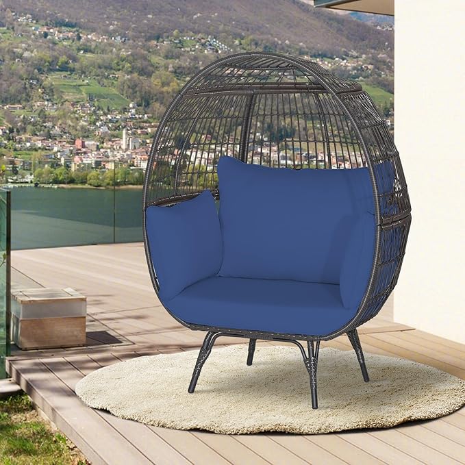 Giantex Oversized Wicker Egg Chair, Outdoor & Indoor Hammock Chair with Thick Cushions, 2-Person PE Rattan Lounge Chair Swing Chair for Patio, Backyard,Porch, 450 LBS Weight Capacity (Dark Blue)