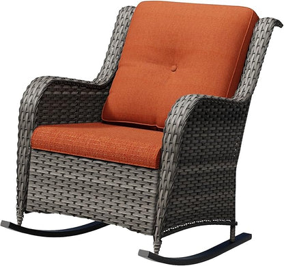 Outdoor Rocking Chair, Wicker Patio Chair with Thickened Olefin Cushions, High Back and Deep Seating, Hand-Woven PE Rattan for Porch, Deck, Balcony, Orange