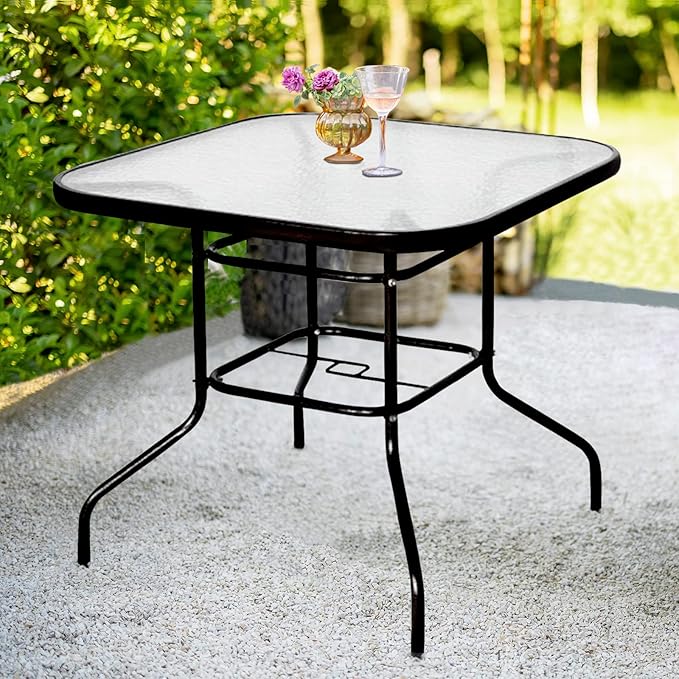 DIMAR GARDEN 32" Outdoor Coffee Table with Umbrella Hole, Patio Square Side Bistro Table with Glass Top, Black - Photo 1