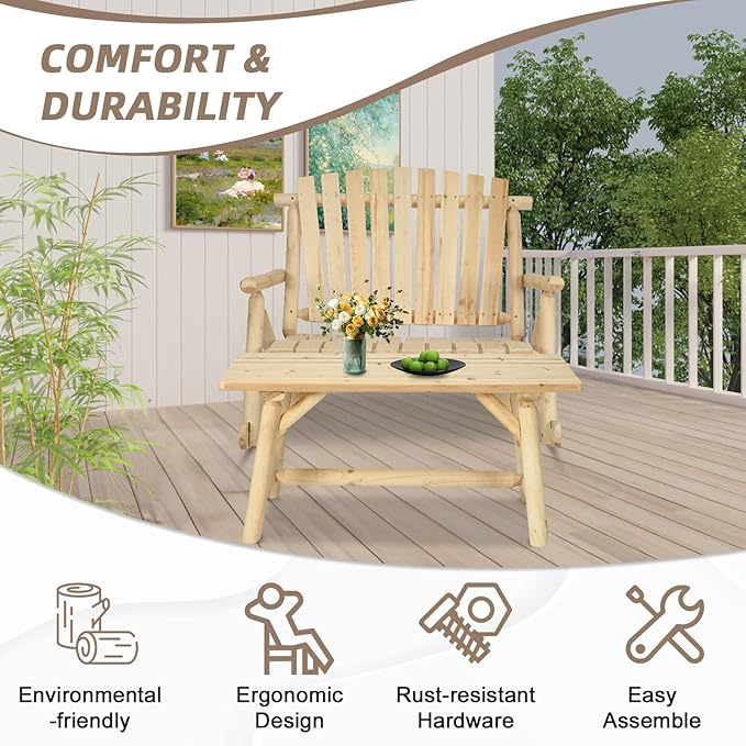 Patio Wooden Rocking Bench, Outdoor Conversation Sets with 2-Seater Adirondack Porch Rocker Loveseat and Coffee Table, Patio Rustic Log Rocker Bench for Deck, Backyard, Garden, Natural