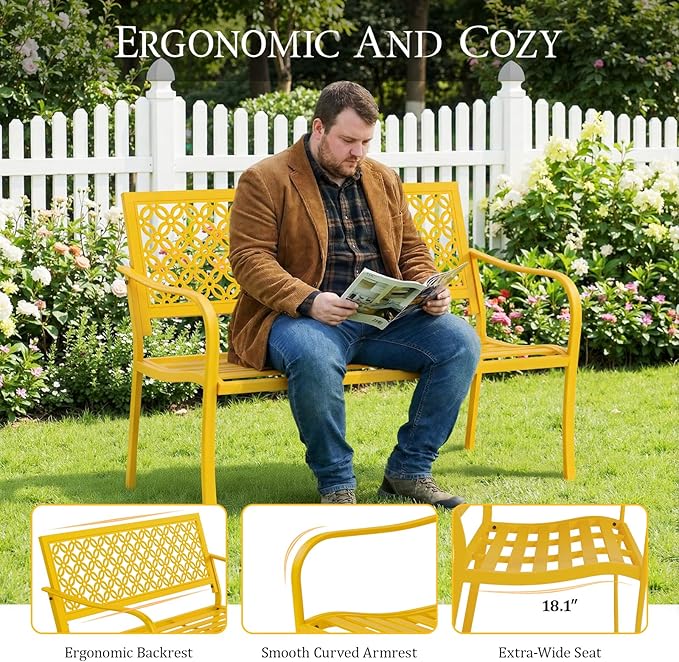 ONBRILL 50" Outdoor Bench, Garden Benches with Galvanized Metal Frame, Front Porch Bench with Floral Backrest, Patio Furniture with Adjustable Feet for Park, Yard, Lawn, Entryway, Yellow
