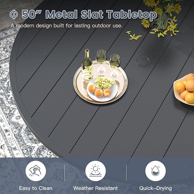 VICLLAX 50" Outdoor Round Patio Dining Table for 4-6, All Weather Metal Dining Table with Umbrella Hole for Deck Lawn Garden Backyard, Black