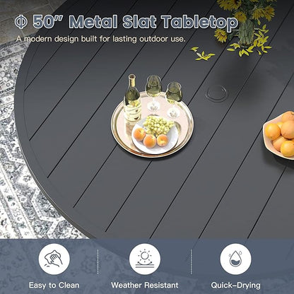 VICLLAX 50" Outdoor Round Patio Dining Table for 4-6, All Weather Metal Dining Table with Umbrella Hole for Deck Lawn Garden Backyard, Black