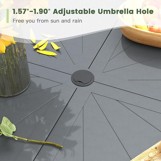 Outdoor Patio Round Dining Table for 6, 47.3" x 47.3" Sleek Aluminum Dining Table with Umbrella Hole for Backyard Garden Lawn Deck, Dark Grey