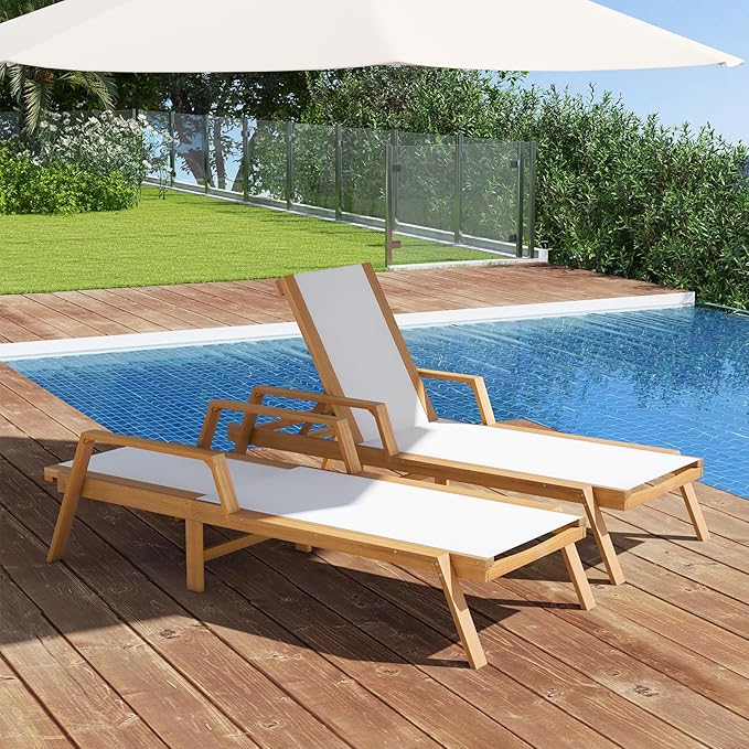 HAPPYGRILL Outdoor Wood Chaise Lounge Set of 2, Patio Tanning Chaise with Adjustable 5-Position Backrest - Photo 2