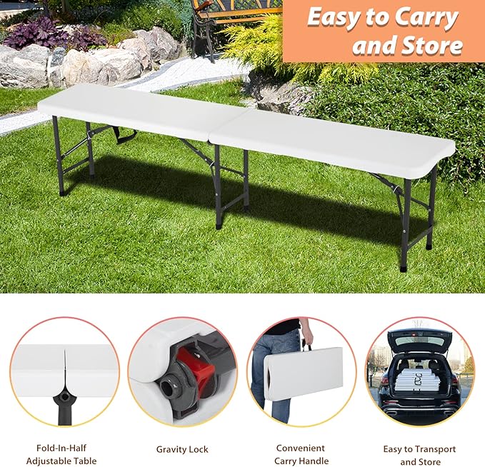 6FT Plastic Folding Bench Outdoor Bench Garden Bench Plastic Portable Bench with Carrying Handle for Picnic Camping Dining Party 1 Pack White