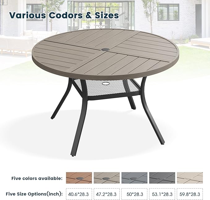 Patio Dining Table for 4, Round Metal Outdoor Table with Storage Shelf, 1.57" Umbrella Hole, 41" Outdoor Quartered Tabletop Dining Table for Backyard, Porch, Lawn, Grey