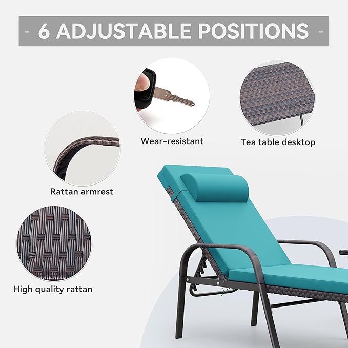 3 Pieces Patio Chaise Lounge Set Outdoor PE Rattan Armrest Lounge Chair Adjustable Backrest Reclining Chair with - Photo 4