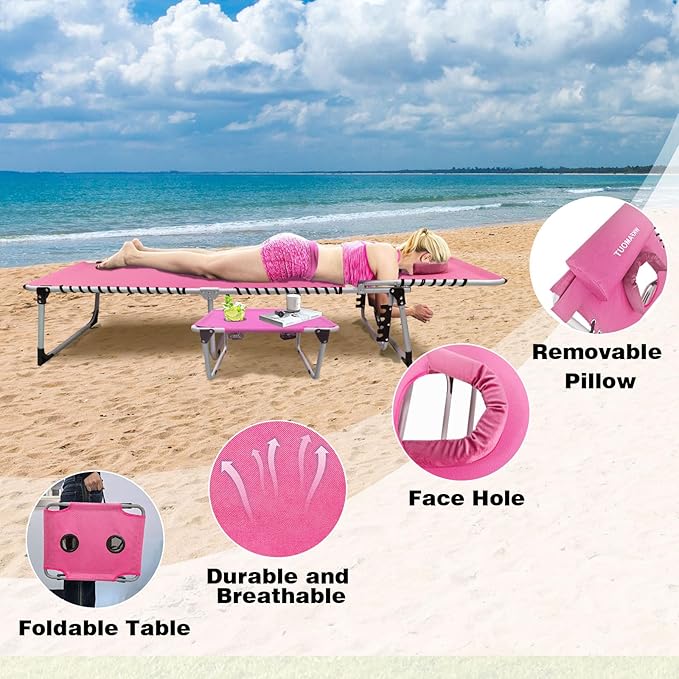 Sun Tanning Chair with Face Hole 5-Position Folding Lounge Chair Outdoor with Portable Beach Table for Poolside - Photo 4