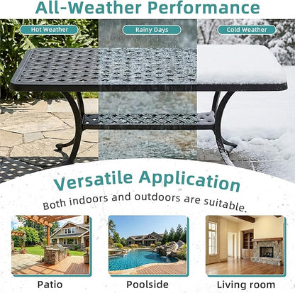 MEETWARM Outdoor Cast Aluminum Coffee Table, 42" Rectangle Patio Coffee Table with 2-Tier Storage Shelf, All-Weather Heavy Duty Patio Side Table for Outside Poolside Deck Garden & Indoor, Dark Bronze