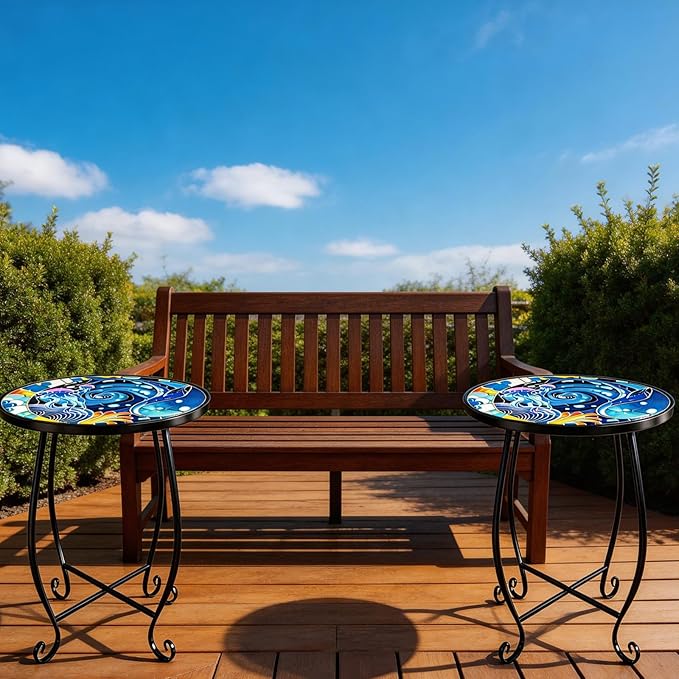 15 Inch Jellyfish Mosaic Side Tables (Set of 2) - Small Outdoor Round Folding Tables with Weather-Resistant Metal Frame - Photo 3