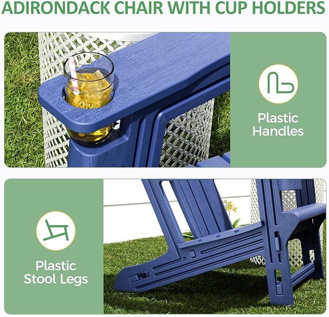 Adirondack Chair，Plastic Outdoor Chairs Without Screws Install，Patio Adirondack with Cup Holder，400 LBS Capacity Recliner Chair Garden Chair for Backyard Lawn Beach Navy Blue