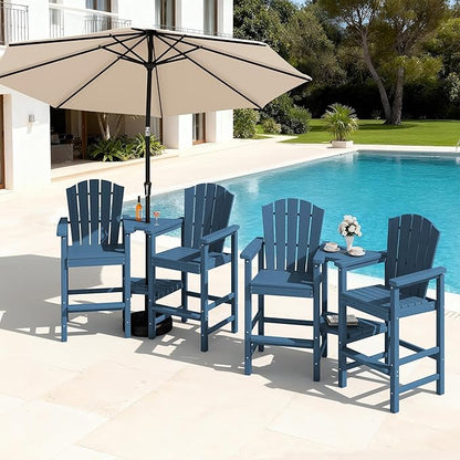 KINGYES Tall Adirondack Chair Set of 4, Embossed Balcony Height Chair with Removable Double Connecting Trays, Tall Poly Adirondack Chair, High Airondack Chair with Wood Grain, Deck, Lawn, Blue