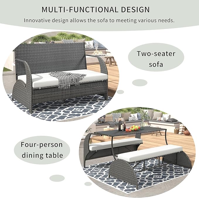 2-in-1 Convertible Picnic Upholstered Bench,57.1" Outdoor Loveseat,Portable Picnic Table Couch,Convertible to 4 Seats&1 Table,for Garden,Lawn,Backyard,Porch,Patio, Beige