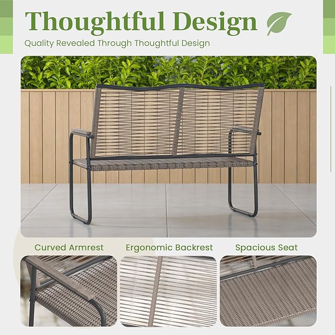 AECOJOY Outdoor Garden Bench, Weatherproof Wicker Outside Benches Clearance, Black Patio Loveseat with Backrest Armrests for Lawn Yard Porch Work Entryway (Brown Vine Back)