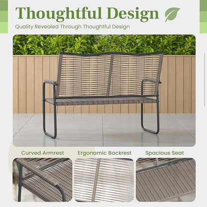 AECOJOY Outdoor Garden Bench, Weatherproof Wicker Outside Benches Clearance, Black Patio Loveseat with Backrest Armrests for Lawn Yard Porch Work Entryway (Brown Vine Back)