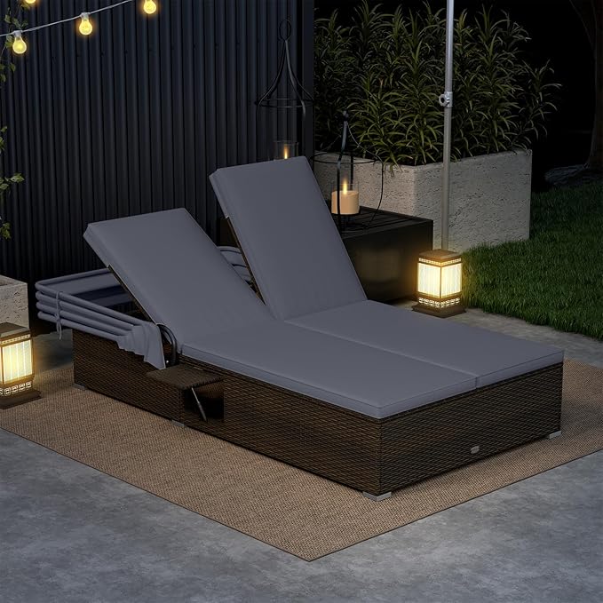 Tangkula Outdoor Rattan Daybed with Canopy & 6-Level Adjustable Backrests, 2-Person Wicker Recliner Bed with Cushions & Folding Side Trays, Double Sunbed Lounger for Balcony, Backyard & Poolside